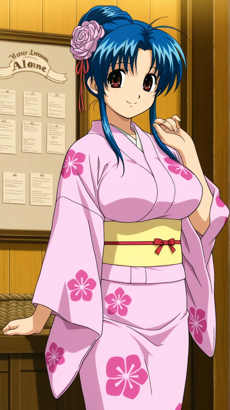 (masterpiece, best quality), 1 girl, marine, dark skin, brown skin, (teal blue-green hair color, hair bangs, pony tail), purple eyes, lipstick, clam shell earrings, big breast, cleavage, (purple and pink color kimono, flower print, red obi belt), standing, indoors, japanese religious temple, nighttime, looking at viewer , <lora:marine:0.6> kotobuki