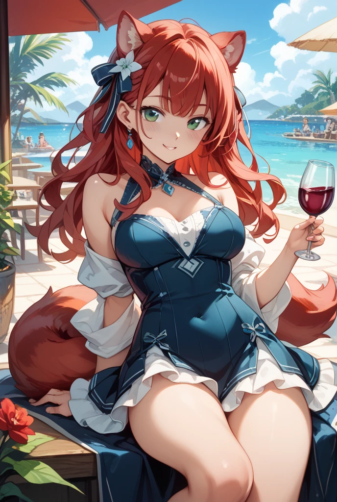 masterpiece, best quality,1girl,clear face,(realistic:0.9),(breasts),highly detailed,(cloud,blue sky),standing,((legs apart,hands on hips)), (((facing viewer))),smile,((sparkle, shiny clothes)),
, animal ears, breasts, 1girl, brown hair, cleavage, slight smile, facial mark, medium breasts, collarbone, short hair, smile, belt, brown eyes, bare shoulders, fox ears, animal ear fluff, outdoors, fox tail, (solo:1.2), <lora:sennaIsekaiNonbiri_v10:0.8>