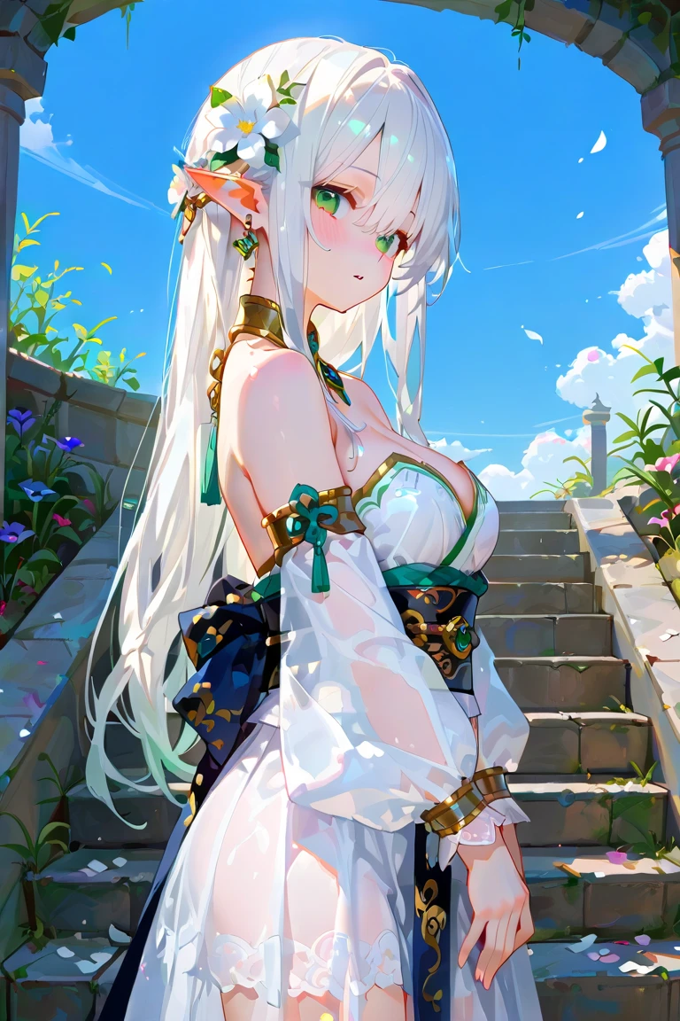 ((masterpiece, best quality, newest)), 1girl, solo, long hair, breasts, looking at viewer, blush, bangs, hair ornament, dress, hair between eyes, bare shoulders, jewelry, green eyes, standing, flower, white hair, earrings, outdoors, parted lips, detached sleeves, pointy ears, hair flower, from side, sash, petals, white flower, elf, stairs, scenary, blue sky