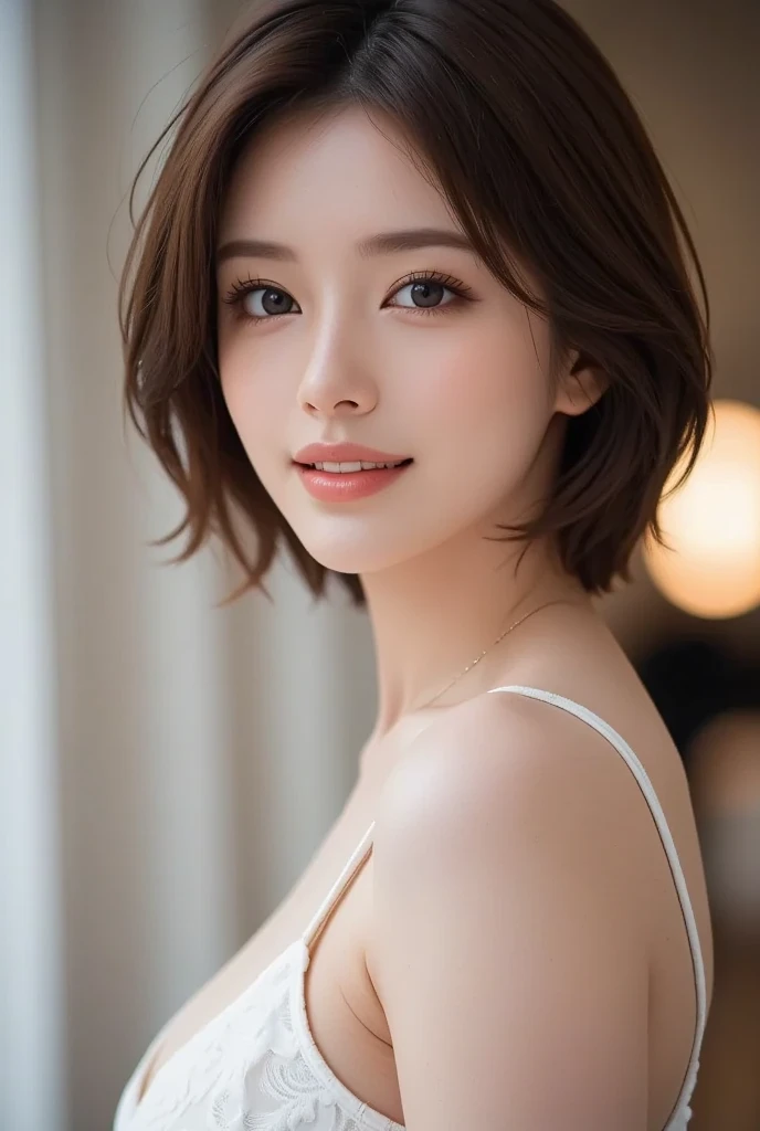 ((Best quality, 8k, Masterpiece :1.3)), 1girl, beautiful woman with emphasis on slim abs: 1.3, (casual hairstyle, big breasts: 1.2), casual wear: 1.2, interior, ultra-detailed face, delicate eyes, double eyelids, soft breasts, smile, exposed cleavage