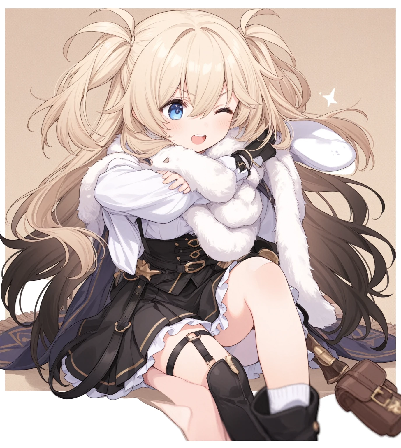 ((Highest quality)), ((masterpiece)), ((Very detailed)), (Very mature),A cute, gentle-looking female high school student with black hair and a height of about 165cm.,A female high school student with big breasts and a cute smile wearing a transparent blue waifus with a cute patterned hood and bare shoulders, A gentle woman with a slightly long vertical face,Small Faced Woman,alone, Cute attitude,(background(bright),Long Hair - Straight,Knee-high socks、A transparent blue veil with a cute pattern and white hood with off-the-shoulder sleeves,White wall、Sitting、Facing the viewer、縁に模様がある壁が1面のbackground