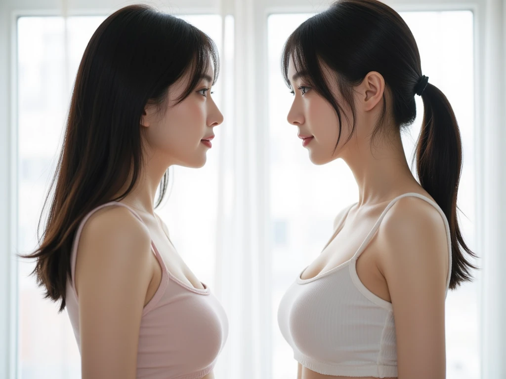 Tabletop、masterpiece,(Sports Bra:1.3) (Stock Emphasis:1.3)、Glamour、Natural light、 Attention to detail, Depth of written boundary, 135mm, Textured skin, Super detailed, high quality, Awards, 最high quality, High resolution, 8K, White skin,Random facial expressions、 years old、(Two women facing each other:1.5),Correct skeleton、smile,(Big Breasts),(Fat Belly),(Thick thighs),(Toned arms),(Big Ass),(Beautiful back),(Side Shot;1.3),(Side view:1.5),(White background)