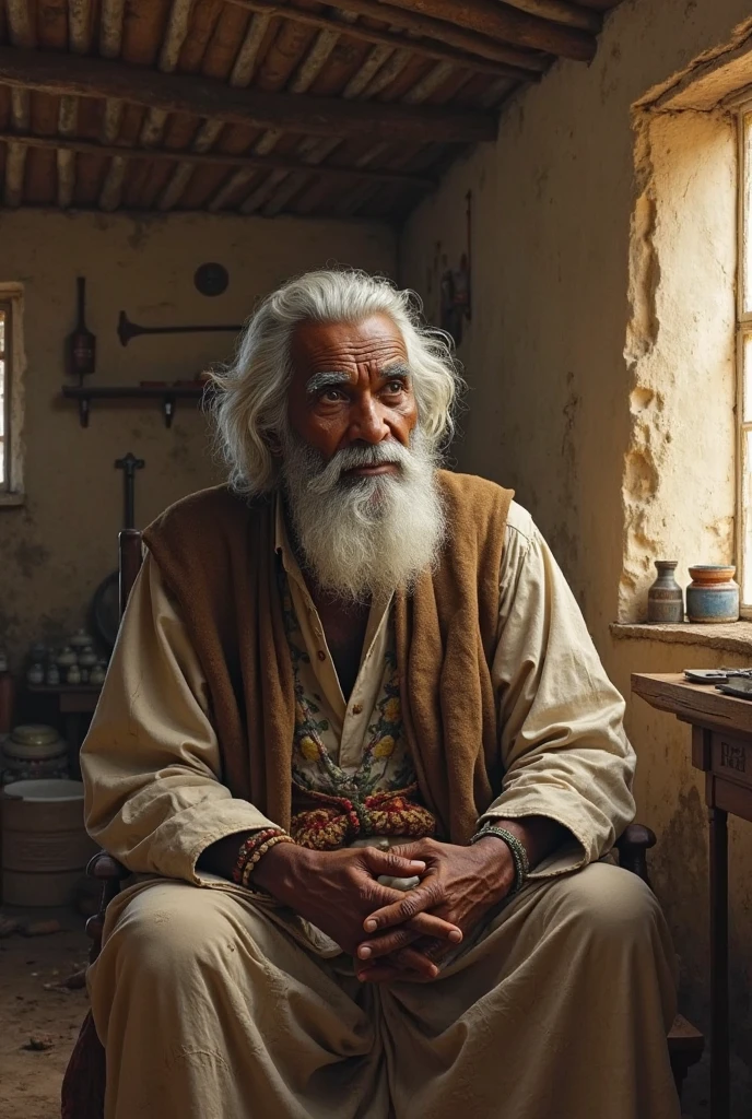 An old man sitting on a chair in a traditional Moroccan café. He wears traditional Moroccan robes and has a long white beard