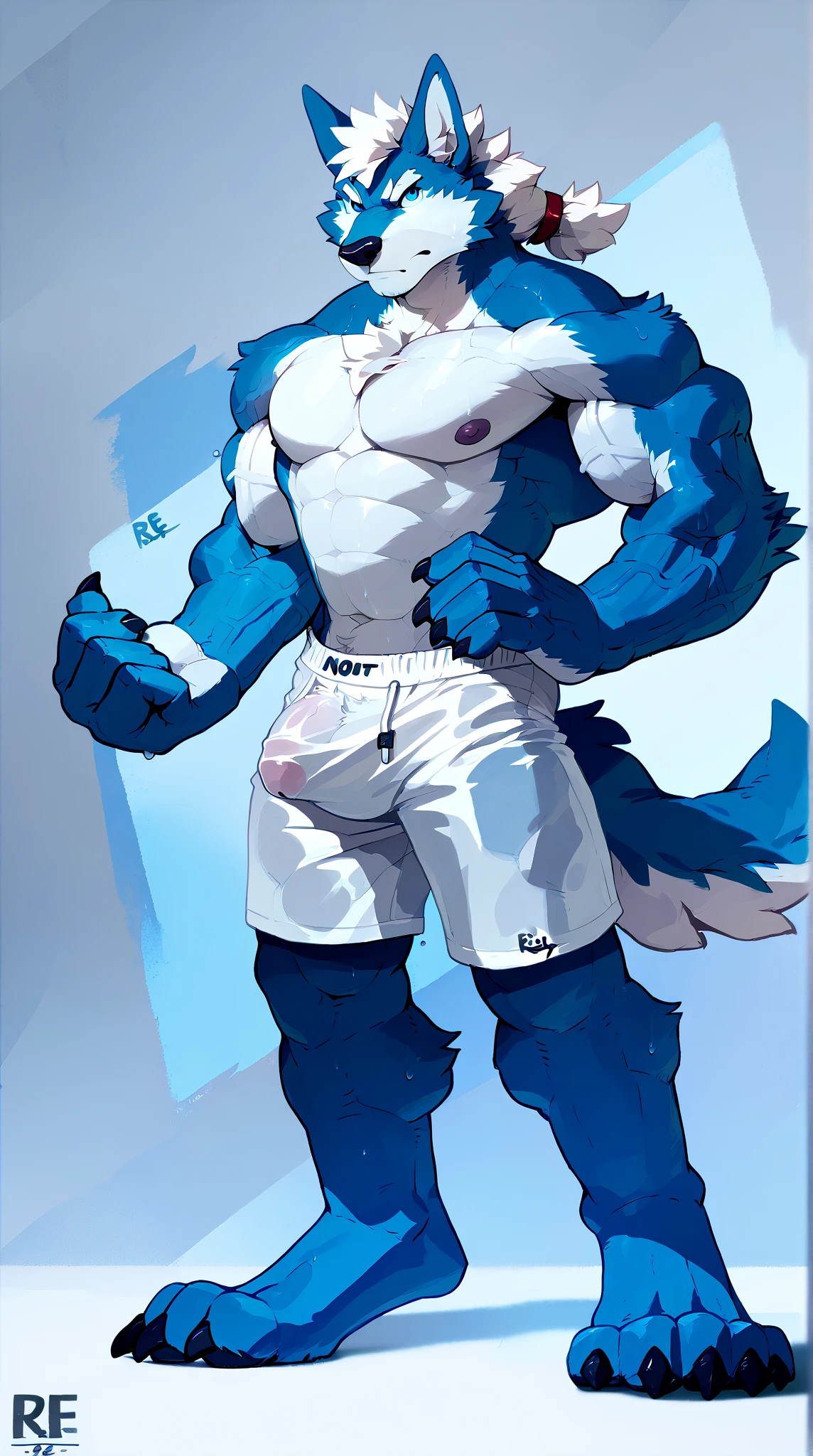 (1boy), solo, male, kemono, (blue wolf), white torso, (naked), handsome, muscular, adult, hunk, hot body, (detailed black eyes), detailed face, white eyebrows, (1 detailed big hard white penis erection), balls, thick body, nipples, full body, pectoral, 1 tail, 6-pack abs, masterpiece, high res, best quality, 8k, nsfw, lineart, dark room, detailed shade