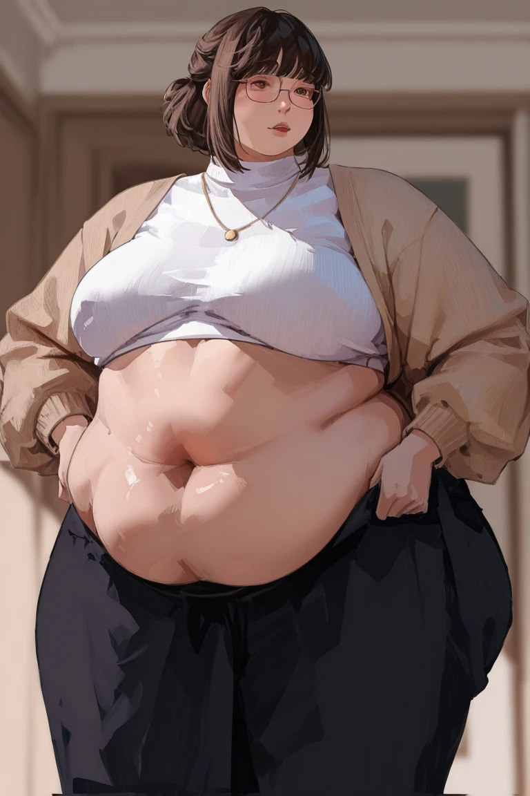 ( High quality , ultra detailed, careful with hand ), solo male, fat male, round belly, fat belly, large belly, ((tight shorts)), bulge, blushing, heart eyes, dark hair, sci-fi, cyberpunk clothes, jacket, medium length hair, arch bangs, male with fat ass and big thighs, belly focus, happy trail, moobs, round glasses, wobbly smile, possessive expression, pretty boy, chubby male, boots, exposed thighs, exposed belly, neon pink highlights, sweating, implied obsession, male yandere tag, pixiv, weight gain commission, male weight gain, fat fetish commission, deviantart, belly kink, anime style, weight gain on thighs and ass but mostly belly