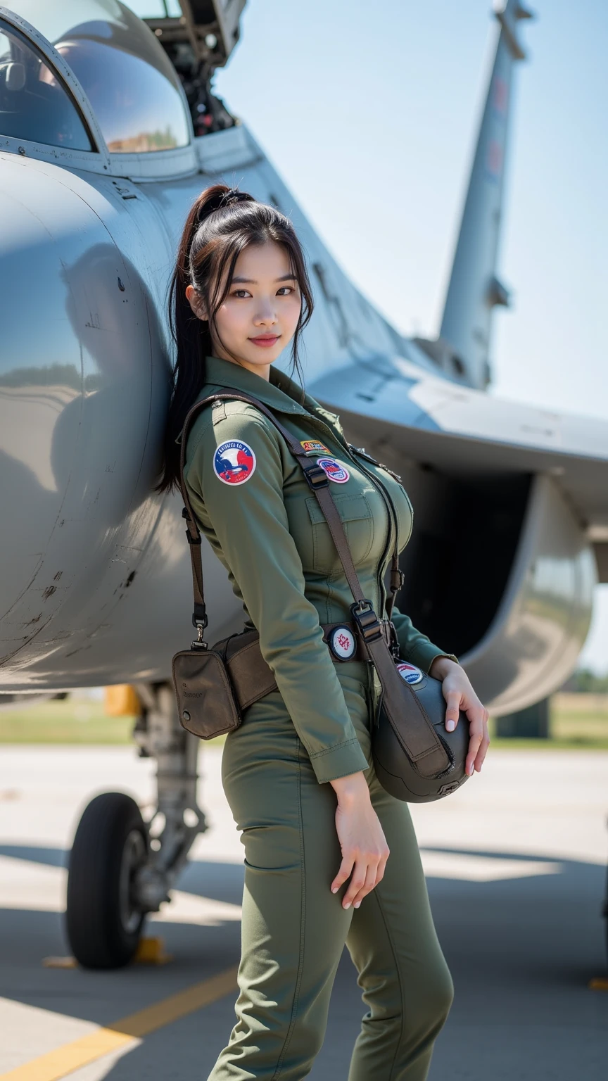 20 years old, Famous Korean actresses,Sorrisos, Shining Eyes, Big breasts are a shy smile, NSFW,(8K, Raw foto, Top Quality, Masterpiece: 1.2), Masterpiece, The ultra-detailliert, The ultra-Highres, (Real, Photo real: 1.37), High Definition RAW Color Photography, very delicate and beautiful, Very detailed, 8K wallpaper, astonishing, Detail, Very detailed eyes, Super delicate skin, extremely detailed fingers, very detailed nose, very detailed mouth, perfect anatomia,Ultra detailed complex 3D rendering of face,Big breasts,Air Force Pilot,Airplane Pilot,Pilot Helmet,Fighter Pilot,Air Force Flight Suit,(airfield),(airport),Cute face,large eyes,white skinned,korean girl
