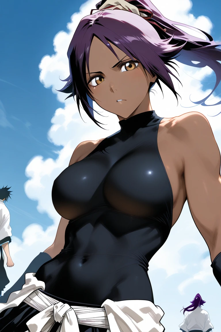 Make Saeko Busujima a futuristic DJ This DJ must be wearing silver robotic clothing This DJ must be playing in Miami He is playing for a lot of people who are dancing Ultra-realistic photo, calidad 8k, full HD