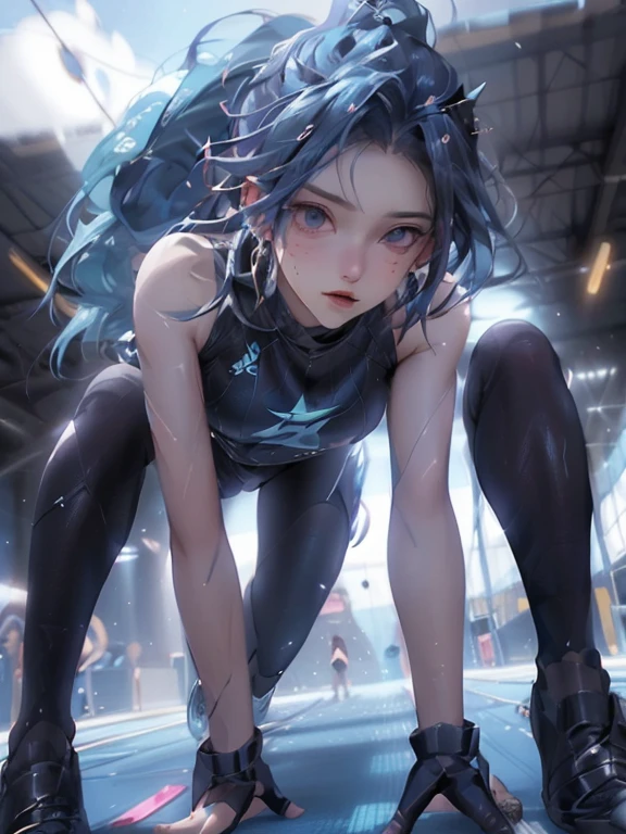 (8K, best quality, master piece: 1.3),super high resolution,1 girl, solo, full body ,ultra-detailed face, silme, (ash hair), thin hair clip, cyan colorshift eyes, expressive eyes, Ecstatic expression, Sportswear, nylon, spandex, white, red, headband, wristbands, Desert oasis, gold, blue, green, bright and warm