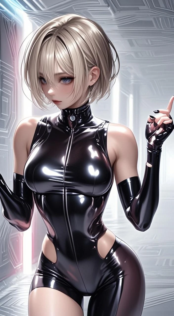 NSFW, anime, sexy, ((costume is made of metal:1.5)), ((京都animeーション風に:1.5)), ultra precision, masterpiece, very very beautiful, princess face, ((1 woman)), ((alone:1.5)), ((pink hair:1.5)), ((bob cut 1.5)), break, ((black eye)), short hair, ((straight hair)), break, ((The costume is silver:1.5)), break, ((Taimanin suit:1.5)), break, ((black leotard:1.5)), break, (thigh boots), professional lighting, (25 years old), tight waist, shiny skin, ((oily skin)), glowing skin, looking at the viewer, cowboy shot, dynamic pose, looking at camera, sexy, slight smile, slightly open mouth, ((cute)), ((silver costume:1.5)), (metal breastplate), ((armを後ろに回す)), super detailed face, ((skirt:1.5)), ((thin lips:1.5)), sexy, ((droopy eyes)), (big breasts), ((silver costume:1.5)), latex, sexy, ((model pose)), ((shoulder)), ((arm)), ((hand)), ((thigh)),