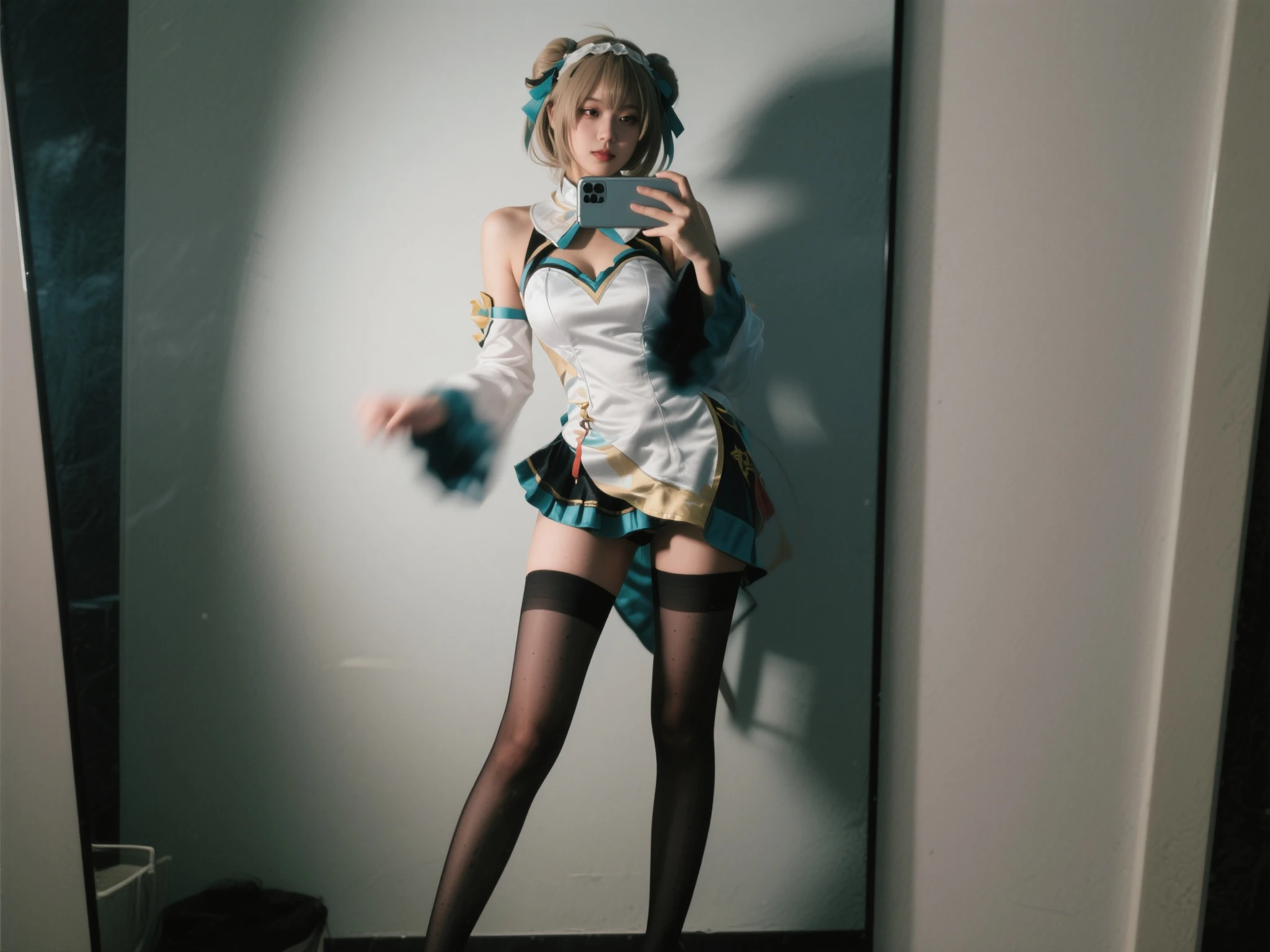Sit on the roof, Solo, cosplay, lumnious, mediuml breasts, (NSFW:1), white skirt, Exposing the underskirt, view the viewer, Shoes, Depth of field, hyper HD, Textured skin, Anatomically correct, Super detail, A high resolution