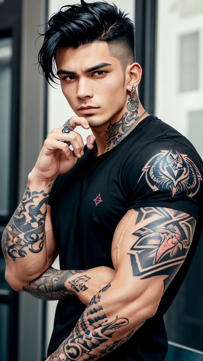 Man Model Style , de terno preto , open on the chest, small black hair pulled back , with light strands falling on your face, intense light brown eyes, and a tattoo on his neck 