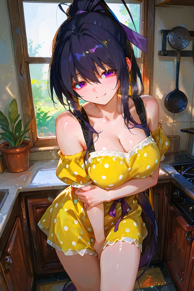 best quality, ultra quality, masterpiece, Odette, black hair, blue eyes, breasts, dark-skinned female, dark skin, hair between eyes, large breasts, sharp teeth, teeth, praying, own hands together,