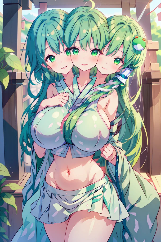 (masterpiece, best quality), best quality, (ultra-detailed), (3heads:1.5), 1girl, (komano aunn:1.3), masterpiece, best quality, ultra quality, ultra resolution, ultra detail, red top, crop top, ((stomach)), midriff, ((groin)), white skirt, normal ears, shackles, green hair, very long hair, wavy hair, sidelocks, green eyes, ((very detailed eyes)), ((beautiful eyes)), pretty eyes, parted lips, single horn, sweat, cute, toned belly, hand on own chest, eyelashes, (24 year old woman:1.3), (masterpiece:1.5), (best quality:1.5), (beautiful detailed), extremely detailed CG, extremely delicate and beautiful, depth of field, (finely detailed face), (perfect details:1.2), (mature female:1.3), wide pelvis, slender, large veiny breast, 16k resolution, highres, high quality, high definition, extremely detailed, masterpiece, green hair, long hair, alluring presence, braid, short skirt, close up, very big tits, huge tits, young,