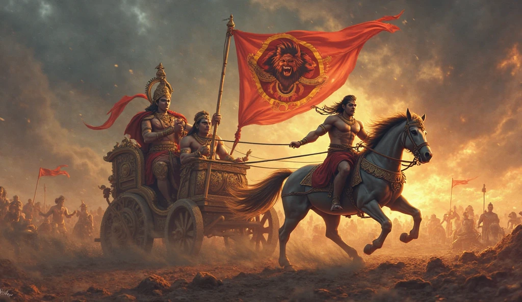 The warrior prince Arjun in golden chariot. Lord krishna as his charioteer, and Lord Hanuman as the symbol ith the flag of the chariot