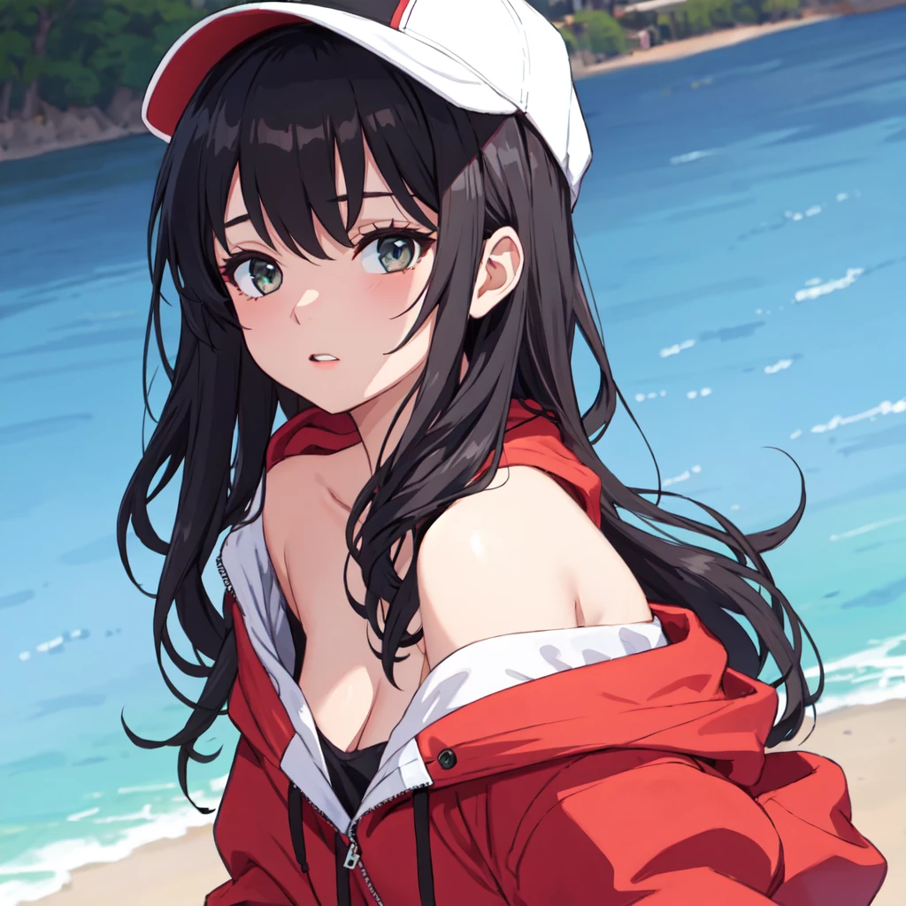 masterpiece, best quality, highres, aaishtar, long hair, two side up, hair ribbon, tiara, parted bangs, hoop earrings, collarbone, white swimsuit, white one-piece swimsuit, fur trim, pink jacket, long sleeves, single thighhigh, pink thighhighs, <lora:ishtar_(fate)_v1:0.7>, beach, frown, hands in pockets, standing