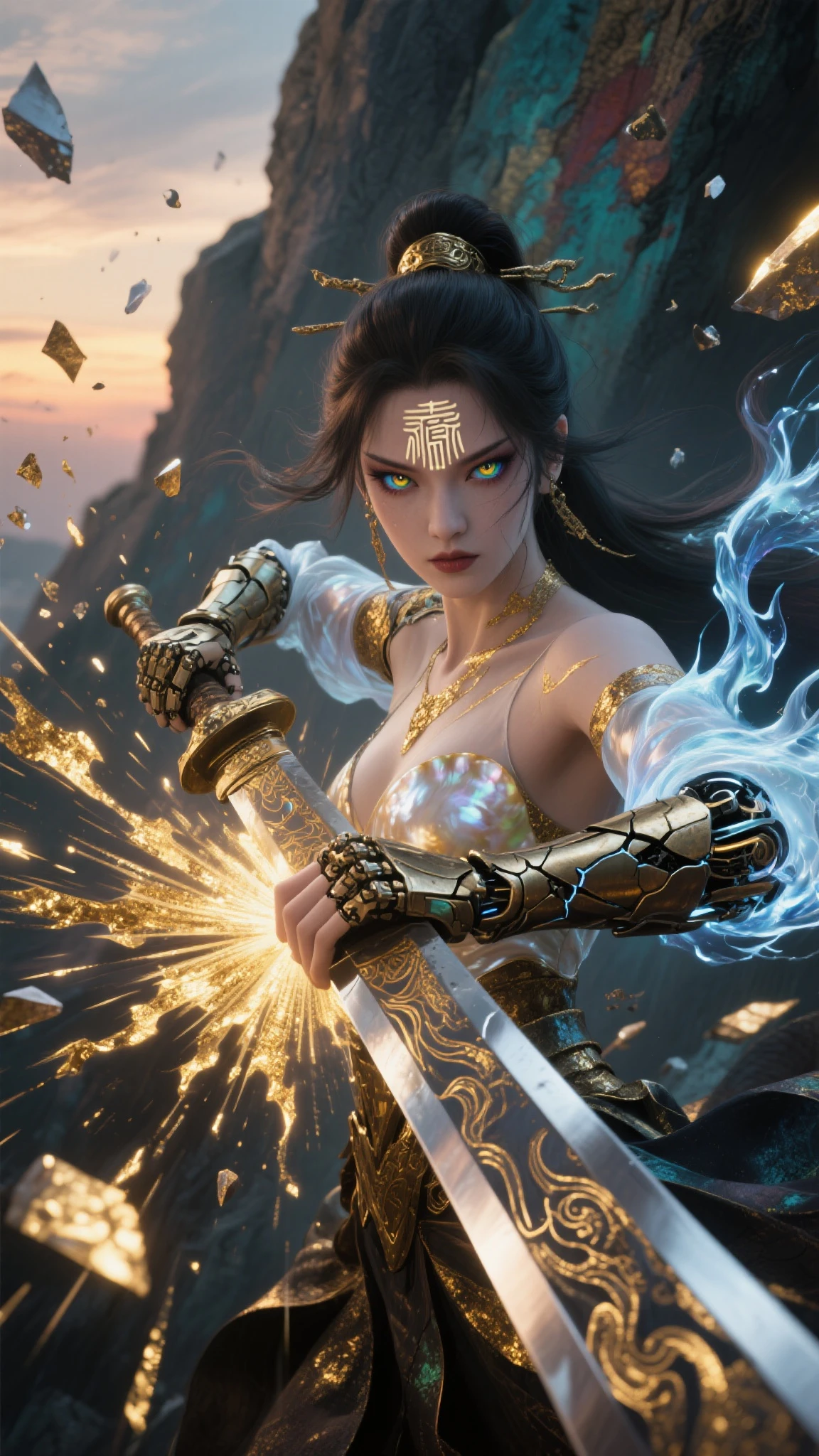 (extremely detailed, best quality), focus on details, natural lighting, dynamic, vibrant colors, bright sunlight, vibrant colors, serene countenance, tranquility of the waves, crystal clear turquoise water.girl holding weapon,realistic,blue eyes,cinematic realism,wlop,jade