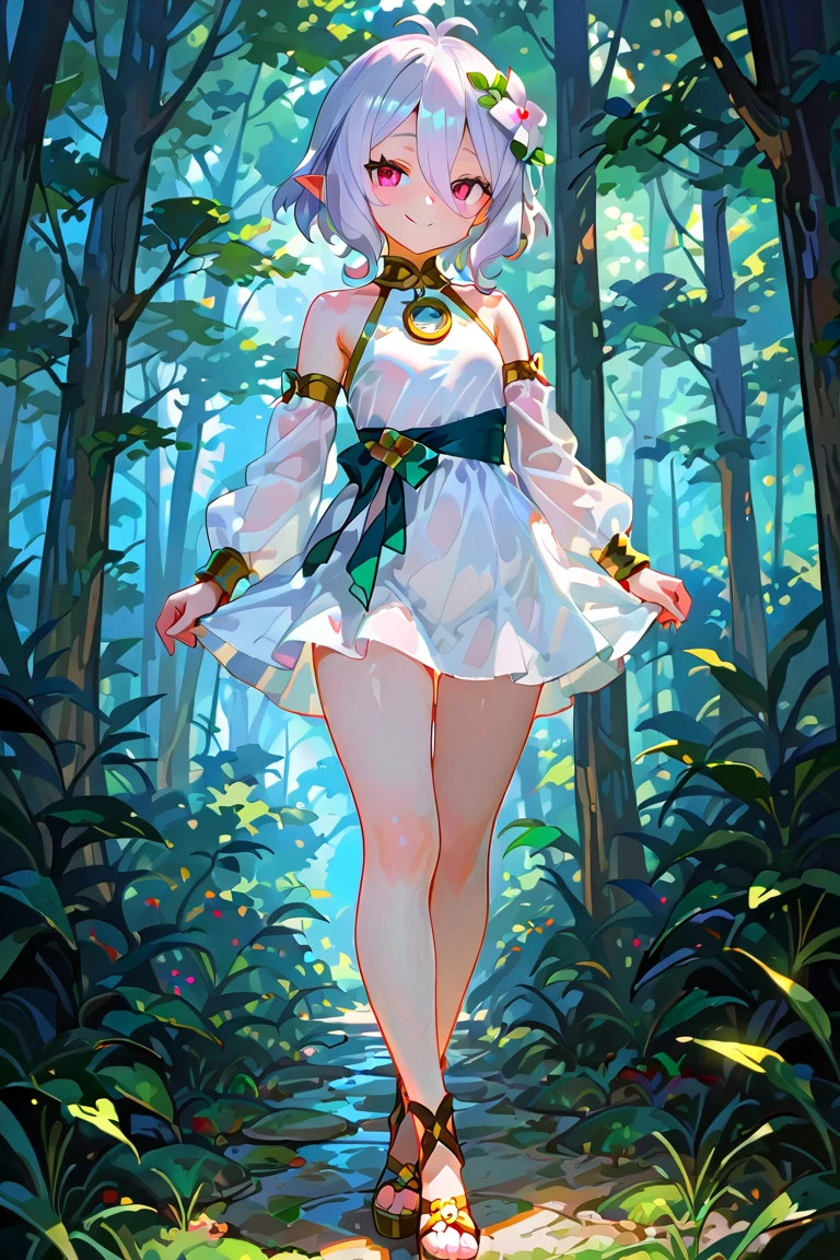 In the forest,A spring that radiates light,A beautiful female elf,Wearing a crisp white off-the-shoulder robe,Reveal attractive thighs,The white body was covered with water droplets,