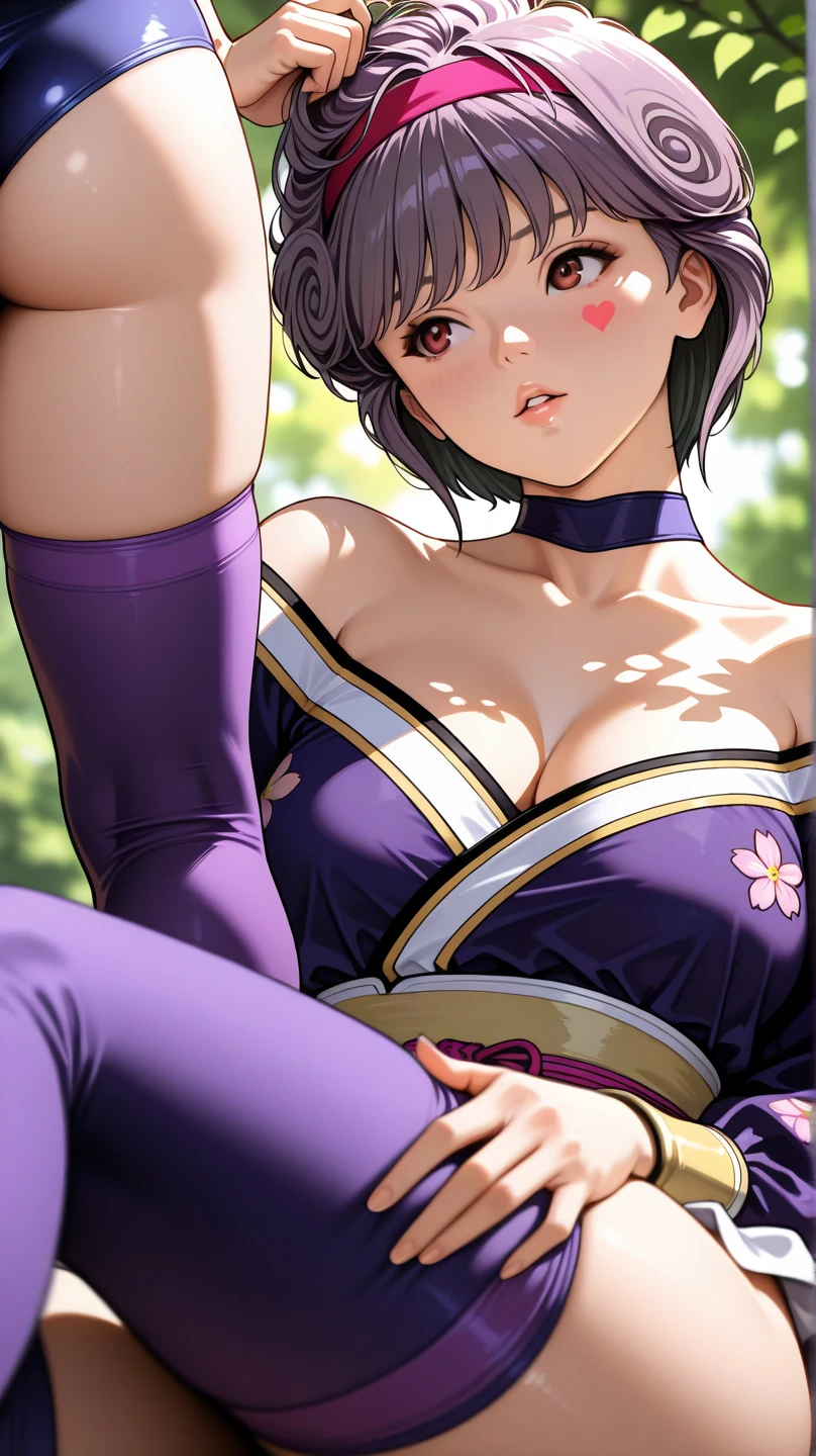 Best quality, Masterpiece, (leaning:1.4), 
1girl, yuzuriha_(jigokuraku), Purple hair, Brown eyes, Ninja, open clothing, split, Small breasts, Overhand knot, Medium hair, breasts apart, Seductive smile, pants, Strip,  (Blush:1.1),  Foreign Japanese, Temple,