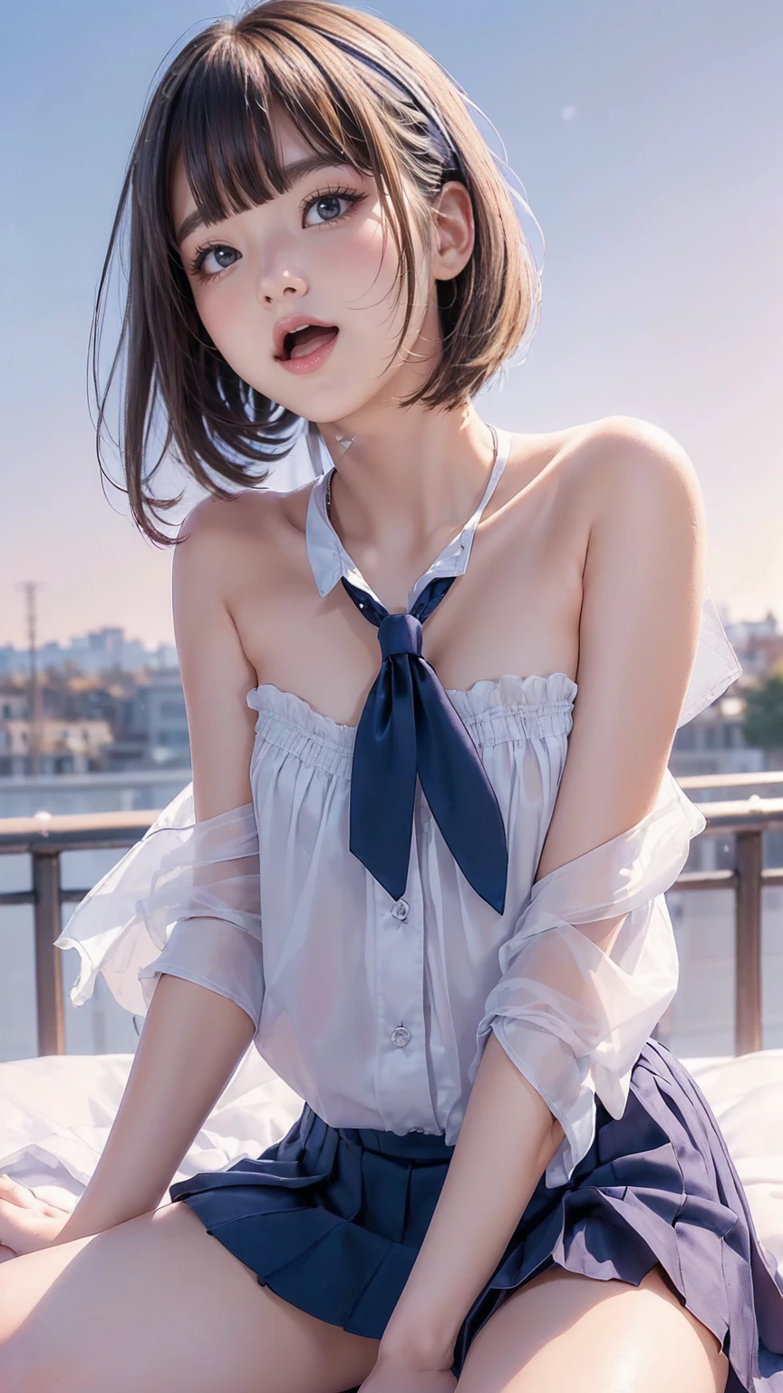 (masterpiece:1.2, Highest quality), (Realistic, photoRealistic:1.4), Ultimate beauty、、(Beautiful Features、Detailed lips, Beautiful eyes with attention to detail)、(Beautiful Teeth), blush, Captivating Gaze、masterpiece,(Highest quality,Hyper Detail)、 Natural Makeup,Looking at the camera、Looking up、alone,Cute woman in her 20edium breastob Hair、(Bangs too)、Mysterious Beauty, Perching on the clouds, (Fantasy Illustration:1.3), Captivating Gaze, Seductive posture, The charm of another world,stical Sky, (Written by Luis Royo:1.2), (Yoshitaka Amano:1.1), ((moon 夜)), pastel colour, (Cloud Detail View:1.3), Outdoor、palace、 (Bandaged、Eye patch、uniform、Collared long sleeve shirt、Gingham check pleated mini skirt、Lace frilly panties、(Red ribb、Earrings、(topless:1.6)), Side Lock, (Midnight background, full moon、Fantasy、cherry blossoms、petal)、(Wet hair、Wet skin:1.3)、(Semen is on it:1.5)、a Bust Up Shot:1.2)、(Shot from above)、(smile、Im worried、Open your mouth:1.2)、(Wave your hand:1.2)、(show pussy:1.2)、(slouch、On alls 1.8)