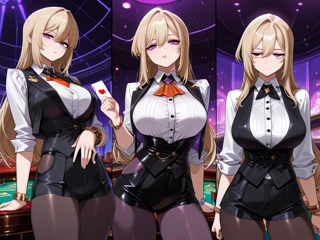 （tmasterpiece，A high resolution，best qualtiy：1.2），8K，highly  detailed，复杂，rich colourful，vibrant image，Clear focus，cinematic ligh） blond hairbl，long whitr hair，Green eyes，body builder （Wear black business attire，black_Collared shirt cropped jacket，tiese，tiese，Black frilled skirt，a garter belt，Leather belt） （Large, Perfect round breasts，Hourglass body，Big breasts Thin waist，Very thin waist， photograph realistic，（hyper realisitc：1）big breasts beautiful， tmasterpiece，Best quality at best，extremelydetailedface，s the perfect face，beauitful face，Perfect lighting，Detailed eye makeup，Details of the face，Nice detail eyes，pretty hand，perfect hand，glowing light eyes（realistic pupil，Realistic iris：1）Heavy eye makeup，（empty Casino）（Posing dynamically）Panties, underwear, Suspenders，bralette