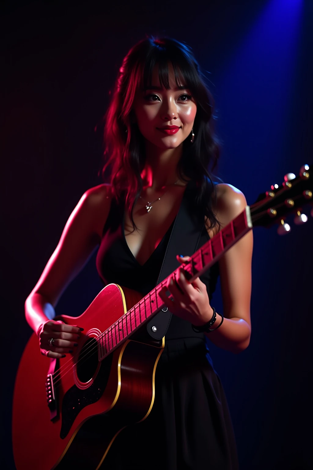 Woman playing guitar on a colorful stage, Intense lighting makes her look more professional 4k, Realistic, subtle, Professional Level, Dramatic Lighting Effects, dark background,dynamic attitude, Focused expression, Finger movement detail, colorful costumes, Cinematic production, Oil painting style expression, rich texture, Vivid colors , Deep sense of space