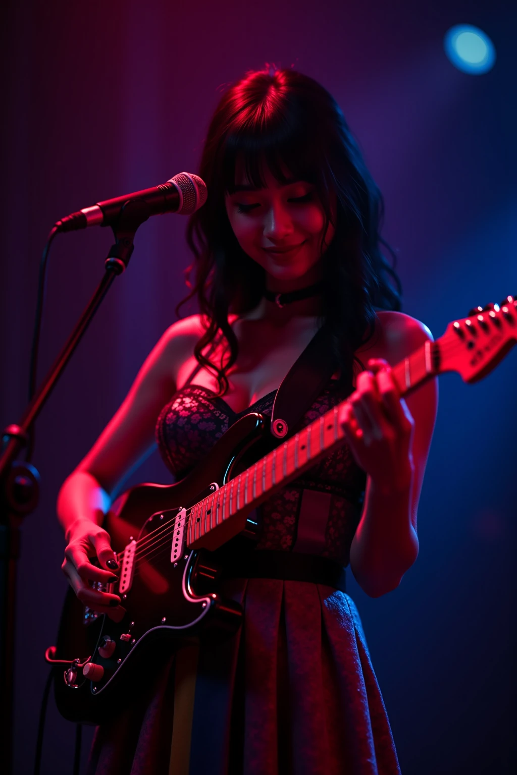 Woman playing guitar on a colorful stage, Intense lighting makes her look more professional 4k, Realistic, subtle, Professional Level, Dramatic Lighting Effects, dark background,dynamic attitude, Focused expression, Finger movement detail, colorful costumes, Cinematic production, Oil painting style expression, rich texture, Vivid colors , Deep sense of space
