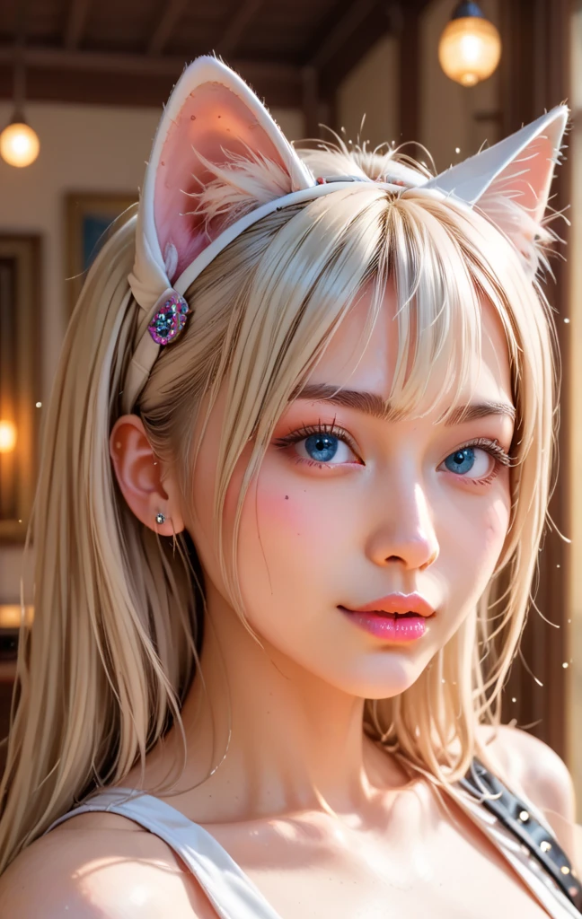 blonde hair, blue eyes, cat ears, white gloves with claws, white apron, lights, 4k, natural volumetric lighting and best shadows, deep depth of field, sharp focus, masterpiece, best quality, high quality, highres, amazing lighting, detail enhancement, most beautiful image in the world, 8k resolution, awe inspiring, hd, 4k, masterpiece, highres, absurdres, natural volumetric lighting and best shadows, deep depth of field, sharp focus, detailed hair, realistic