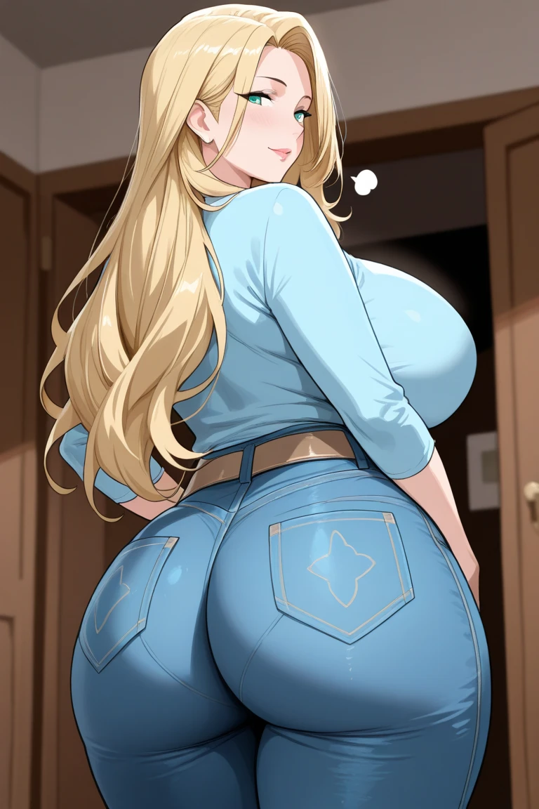 ((Bimbo))), Long Blond Hair, cute smile face, Puffy lips, Painted lips, thick lips, wide hips, thick thighs, Huge ass, The face of craving desire , cleavage, mature mom, opening locker at school, teasing, tight jeans shorts, guy is groping her ass, guy is grabbing her ass, ass being squeezed, view from side, massive ass