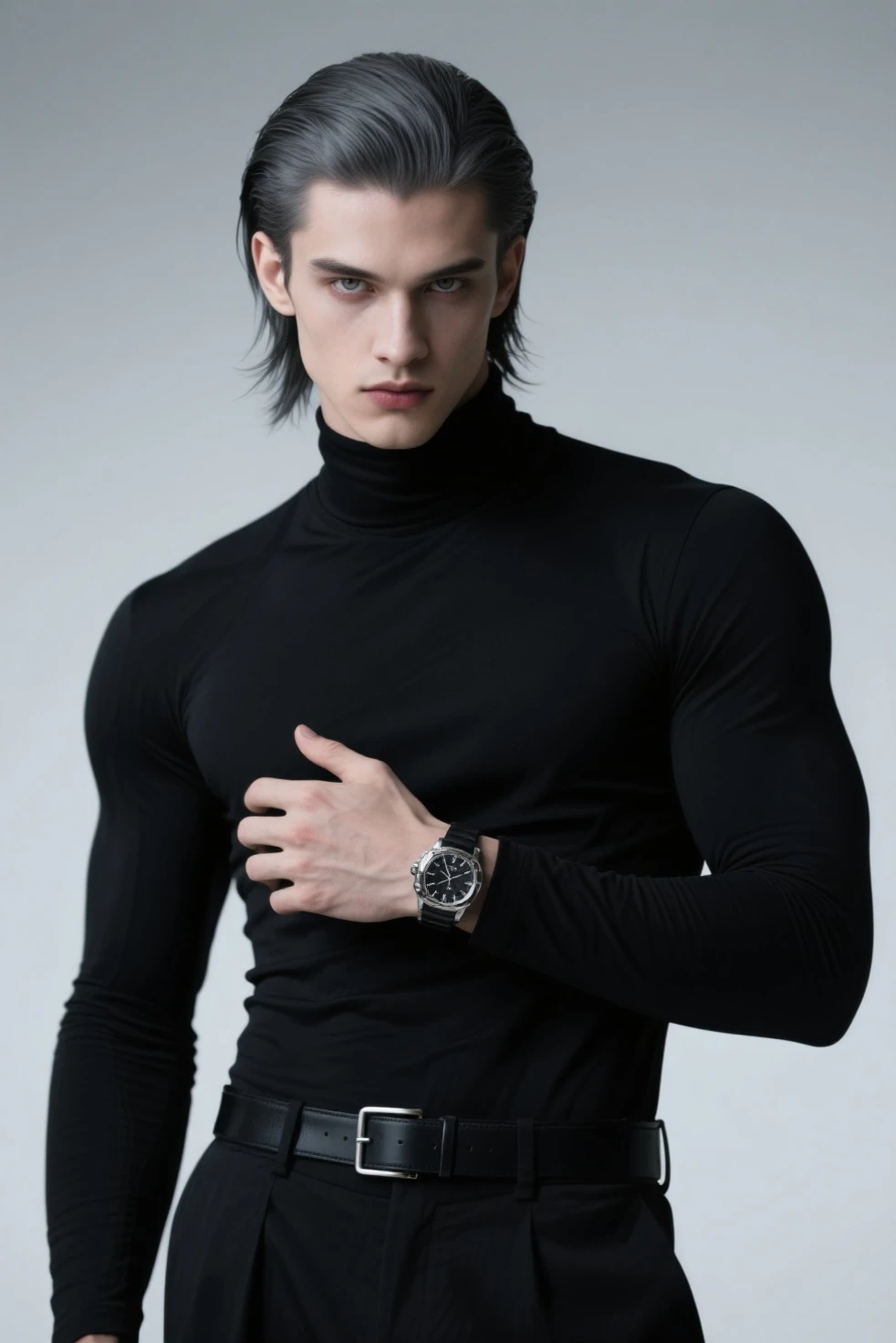 Caucasian man, thin nose, thin lips, blue eyes, black hair, black deer horn on his head, jock putfit, young handsome face, best quality,masterpiece,Ultra high detail,A handsome muscular man, completely black deer horn on his head, topless, black micro thong, with black cloth, black transparent cloth on his deer horn, realistic,Grey background,
