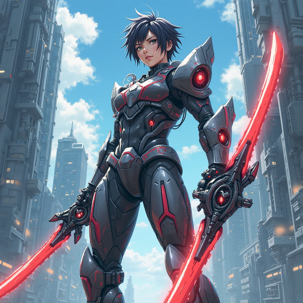 Woman in a futuristic suit, Very detailedな顔, Nice, Mother, Tomboy, Very large breasts, Combat Uniform, Cyber Suit, Anime girl in a tight suit, Milfication, Elegant body, Focus on the navel, gloves, Earrings, foot armor, sf, Female protagonist, Are standing, Volumetric Light, Detailed lighting, Detailed Texture, BoobsCyberpunk, Biomechanical , masterpiece, Top quality eyes, sfの背景, Futuristic landscape、Finding、Ultra-realistic, Ultra-realistic, Very detailed, (Cyber Samurai, ((alone)), attack with red sword, Wearing red armor and a mask, Cape, Shineing beautiful purple eyes, Shine:1.3) (Shineing simple black background:1.25),