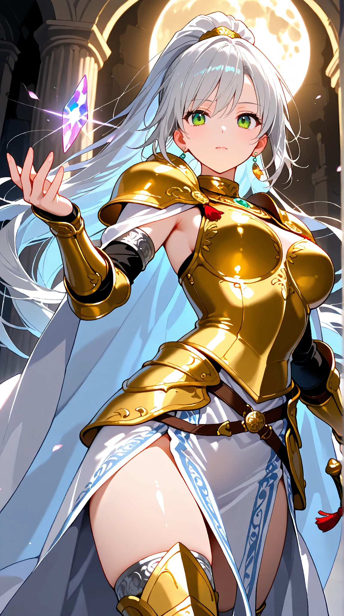 highest quality、cinematic lighting、gladiator woman、Rin々nice face、dripping sweat、full of sweat、arena、white panties、golden gladiator costume、