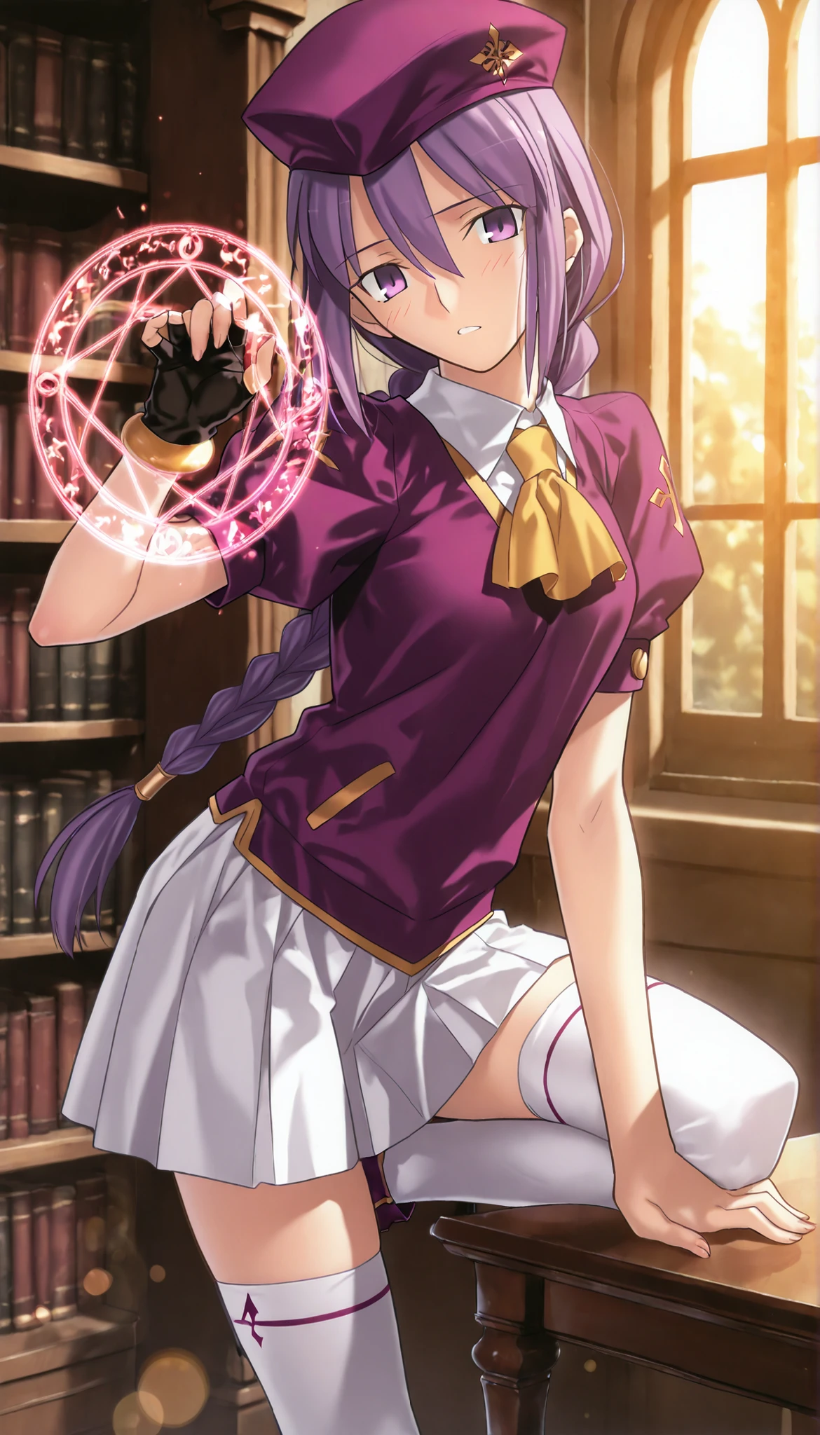 masterpiece, , absurdres, highres, detailed background, high resolution, masterpiece, necessary, detail, best quality, quality, necessary, details, High details, Precise, dark, outdoors, (((Magical Library))), lens flare, blurry background, from side ,
1girl, Takeuchi Takashi (type-moon,tsukihime) style, takeuchi takashi style, (aged up), (standing on one leg), leaning forward,
girl, (mature, slender body, slim arms, slim bod), (Sion) Eltnum (Atlasia) ,sion eltnam atlasia,(fate), purple hair , purple eyes, half-closed eyes, tsurime, hair between eyes ,long bang, long hair , braided hair , braided ponytail , yellow ribbon , EltnumOutfit ,small breasts, light purple sweater ,puffy short sleeves, collared undershirt , white undershirt , undershirt , yellow ascot ,(short sleeve), ,white skirt ,miniskirt , gold trim ,white thighhighs ,single glove ,fingerless glove, black glove ,dark purple beret, ,((head tilt)), looking at viewer,(small breasts), touching magic circle,