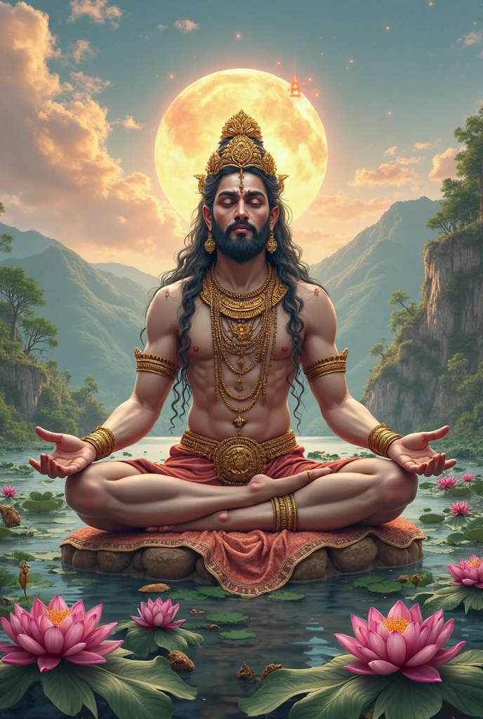 A highly realistic image of Lord Hanuman sitting in a meditative mudra. Hanuman is depicted with a calm and serene expression, eyes gently closed, radiating an aura of peace and divinity. His muscular yet graceful body is adorned with traditional golden ornaments and a sacred thread across his chest and face Without beard. Hanuman is seated on a lotus flower, surrounded by a soft glow that enhances the spiritual ambiance. The background includes a tranquil forest with soft sunlight filtering through the trees, creating a serene and natural setting that complements Hanuman's divine presence. And her Gadha beside him.