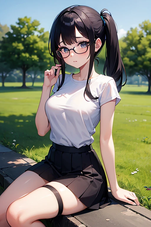 golf、Hazel eyes about to make a putt, A very beautiful girl with all her body lines visible. 彼女はgolfコースでは半座位の姿勢をとるべきだ,, Directly in front of the camera、リアルなgolfのクラブ、Adorable expression、Glasses、necklace、golfクラブが置いてある、Short Hair、Earrings、Large breasts