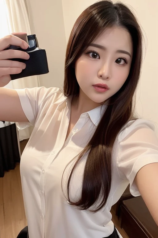 masterpiece、1 beautiful girl、A detailed eye、Puffy eyes、top-quality, 超A high resolution, (Realisticity: 1.4), cinematlic lighting、japanes、Asian Beauty、Super beauty、Beautiful skin、A slender、The body is facing forward、(A hyper-realistic)、(hight resolution)、(8K)、(ighly detailed)、(beautifully detailed eyes)、(ultra-detailliert)、 (wall-paper)、A detailed face、Bright lighting、profetional lighting、looking at viewert、Medium Hair、Asymmetrical hair、Wavy Hair、asymmetrical bangs、(From below,White ceiling,Thigh Focus:1.2)、(Straddling、 Line、Cameltoe:1.1)、(Impossible Satin Shirt:1.4)、Black panties、nighttime scene、Brown hair、Japan idle、韓国アイドル、hposing Gravure Idol、女優、age19、tall,
