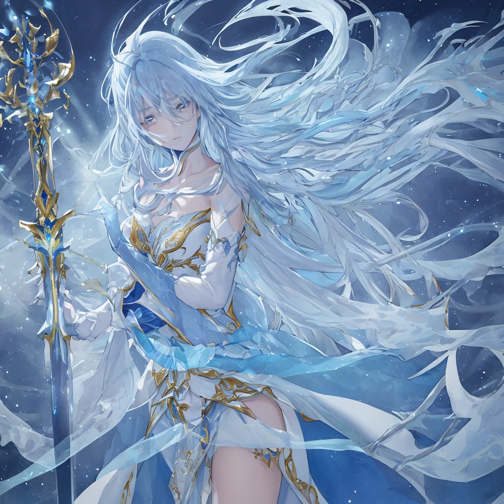A human being adapted to live in the sea, with gills, fins on the arms, bluish skin. Medieval, anime.