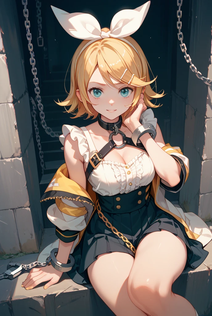 Best Quality, masutepiece, ultra-detailliert, 超A high resolution, extremely detailed CG unity 8k, detailed clothes, BREAK 1girl、BlowJobFullQuiron style、fellatio、oral、open mouth、tongue、put out the tongue、BREAK 16year old、medium breasts、(Yellow hair、short-hair)、with round face、Clear blue eyes、sleeveless dress, (cleavage)、Yellow dress, white bow, mismatched gloves, white gloves, black gloves, shoulder cutout, puffy long sleeves, detached sleeves, see-through sleeves, frills, shorts under dress, short shorts, Yellow shorts, thigh strap, knee boots, Yellow footwear、 BREAK shiny hair、shiny skin、delicate linestailed face、shiny eyes、blush cheeks、 BREAK Man's room、a bed、sit on a bed、PILLOWS、A light、natta、chains、Cuffed、(bdsm)、(restrained:1.3)、(shackles:1.3)、(Bondage with a rope:1.3)、(blindfold:1.6)、spread legs、 BREAK (blush:1.2)、(embarrassed:1.2)、anguish、(Oil:1.3)、(sweat:1.3)、BREAK perfect anatomia