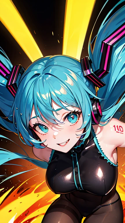A high-quality, detailed portrait photograph featuring Hatsune Miku, the virtual idol, under vibrant neon lights with a futuristic design. Capture her dynamic dance moves and music beats, infused with a technological vibe and interactive engagement. Incorporate elements of fan culture and Japanese pop culture, along with traditional Chinese fantasy and anime styles, showcasing intricate patterns and elegant costumes. Aim for a visually stunning composition that tells a story and reflects the artistic trends of contemporary photography. Enhance the colors and textures to bring Hatsune Miku to life, maintaining a realistic and authentic look