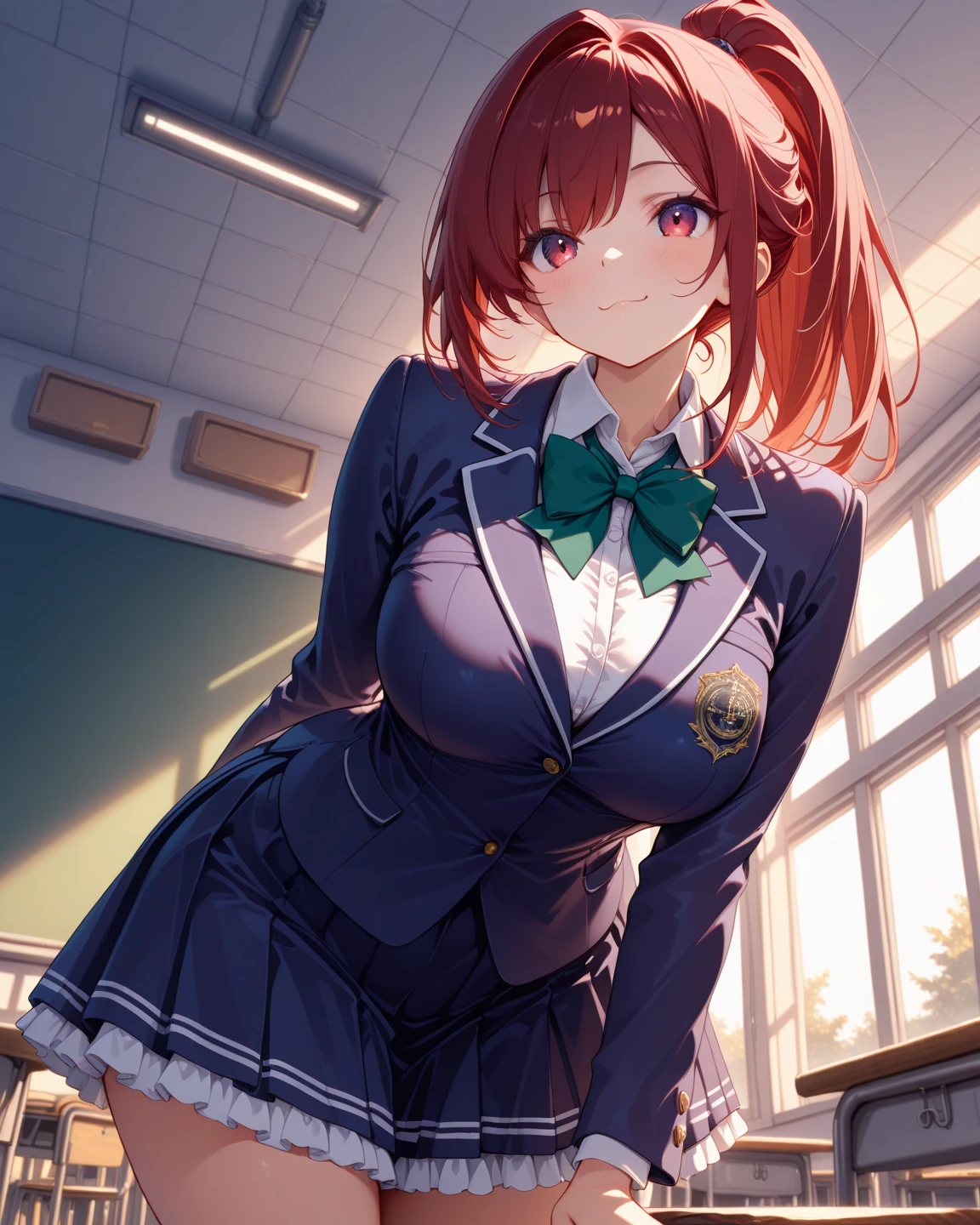 (Highest quality, 4K, 8k, High resolution, masterpiece:1.2), Very detailed, Picturesque, Animated Photography, Photo Animation:1.37)、Japanese schoolgirl、(brown Hair)、(semilong hair)、uniform、White shirt、Yellow-green checkered skirt、Navy blue jacket、Black choker、classroom、Nakano Nino
