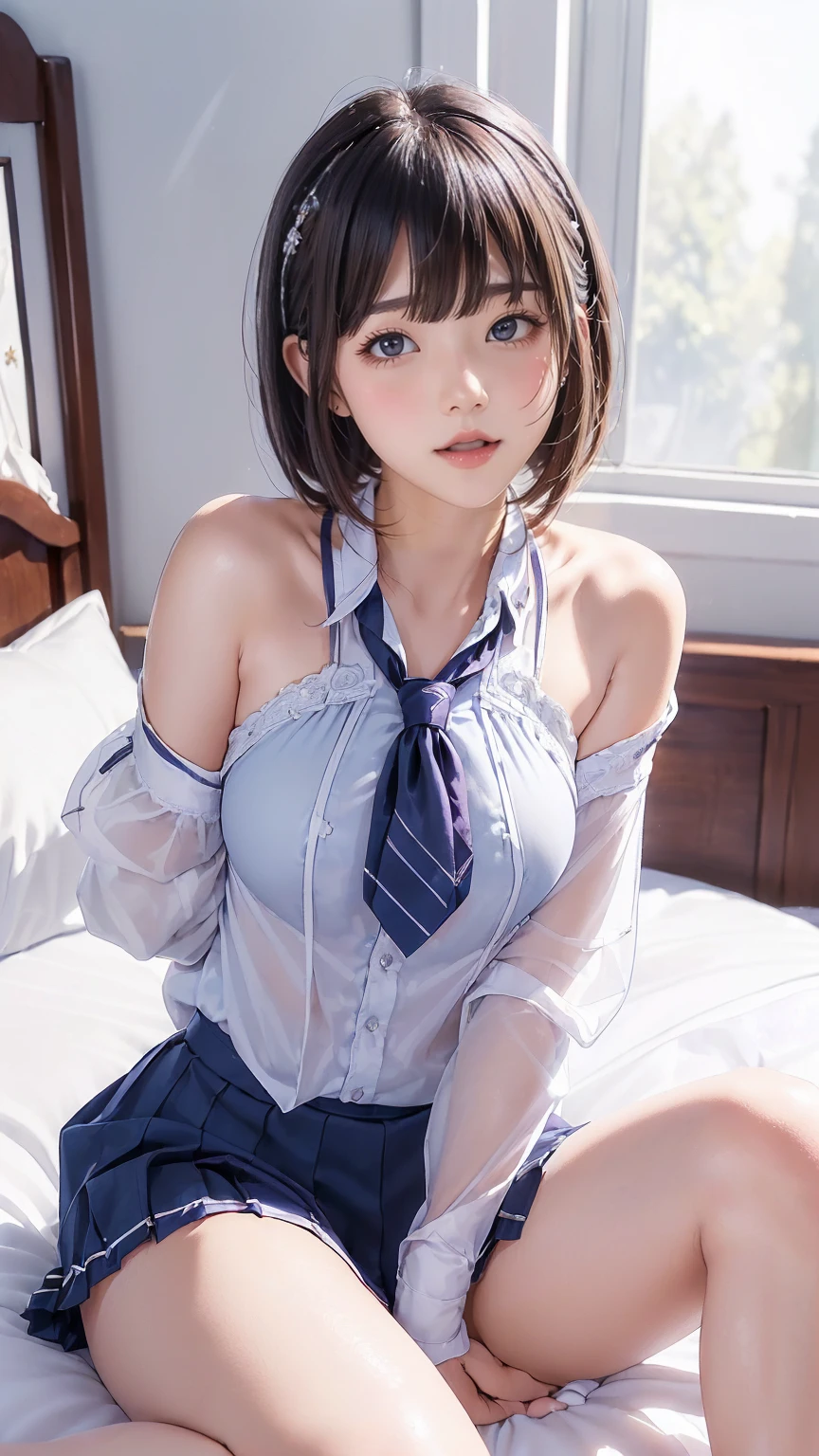 (masterpiece:1.2, Highest quality), (Realistic, photoRealistic:1.4), Beautiful illustrations,
View your viewers, whole body, Front view:0.6, 15 years old、
1 Girl, Japanese, high School girl, (Long Hair:1.5), Let your hair flutter, (Half Up, Half Updo), bangs, Hair between the eyes, Beautiful Hair, Beautiful Face, Beautiful attention to detail, Beautiful clavicle, Beautiful body, Beautiful breasts, Beautiful thighs, Beautiful feet, Beautiful fingers, smile
(Beautiful views), School,
((Collared short-sleeved shirt, White shirt, , Grey plaid pleated skirt, Blue checked bow tie, White half cup bra and white panties, ))
,(Open the button、Exposed bra :1.4),Lift up your skirt,( Sit with your legs apart:1.2)、Emphasis on the crotch、Camel Toe