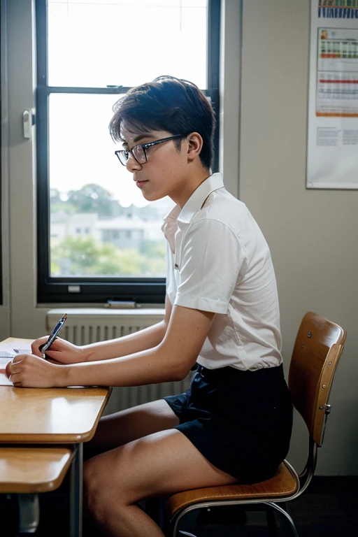 At home, Study at your desk, bob-cut hair, Primary school student wearing Shenzhen school uniform, ssmile, looking at viewert, 35mm, filmgrain, Cinematic lighting, surrealism, Super detail, High details, Best quality, A high resolution