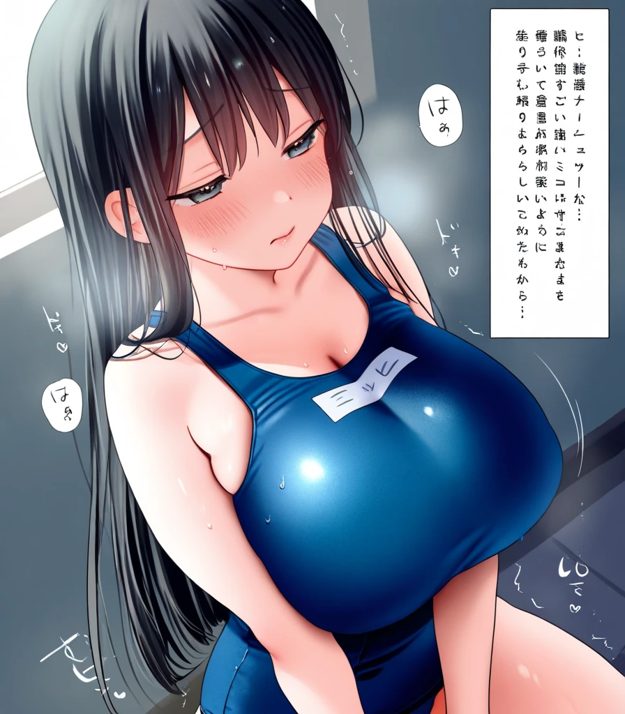 Hime cut with long black hair、Has straight bangs and blue eyes、A girl with big breasts is at the gym。She&#39;s wearing workout clothes、I&#39;m doing push ups。The expression is of clenched teeth.、Sweating and blushing。The background shows a gym.。