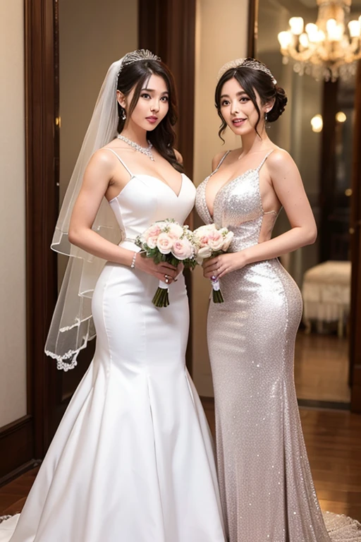 (8k, RAW photo, best quality, masterpiece:1.2),(realistic, photo-realistic:1.37),(Ultra-realistic 8k CG: 1.2), Ultra High Resolution, (two girls, a Japanese girl and an Indonesian girl:1.6), bare shoulders, Cinematic lighting, (red longdress wedding dress:1.5),(SFW:1.3),(Full Body:1.7),(cute face:1.3),(big breasts:1.3),(high heels:1.3),(big hips1.3), (medium thighs:1.3),(covered breasts:1.3),(bust cleavage:1.1),(lipgloss:1.3),(Cute eyes:1.3),(Red lips:1.3),(Smooth skin texture:1.3),( Precise and perfect human anatomy: 1.3),(Beautiful and perfect facial features: 1.3), (Long eyelashes: 1.3),(Red lips: 1.3),(Shiny and textured lips: 1.3),(Smooth skin texture: 1.3),(earrings: 1.3),(Beautiful detailed eyes: 1.3),(Natural Color Lips: 1.3),(Beautiful face: 1.3),(Wedding Bridal Veil With Comb:1.6),(Wedding Garte:1.6),(Wedding Hair:1.6)