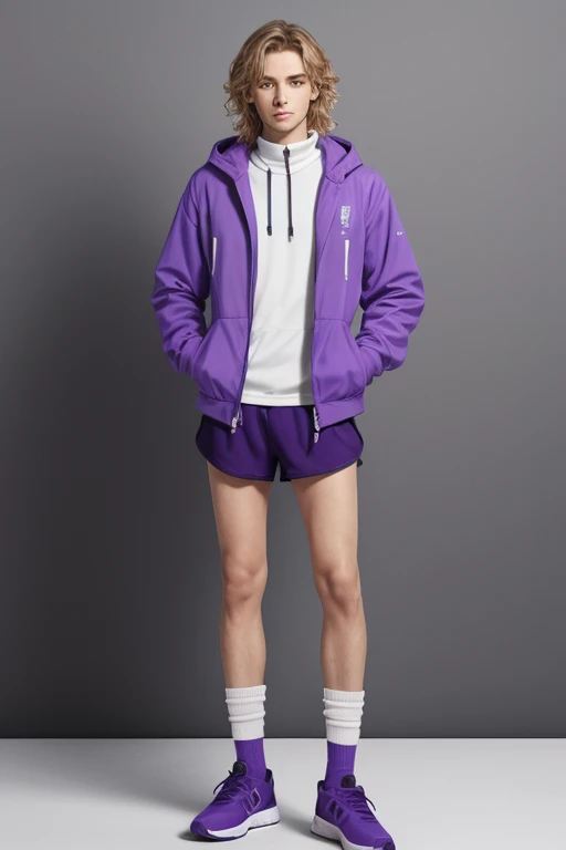 A white turtleneck with dark purple shorts. Plaid high socks and purple shoes. ( no human)