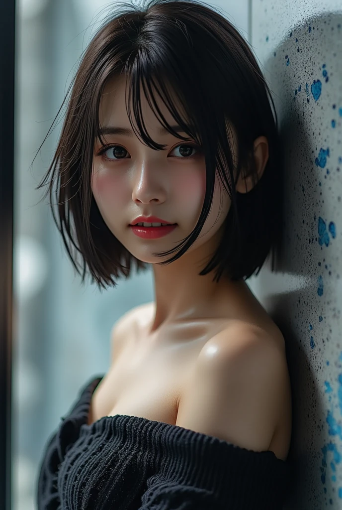 1womanl, 50 years old, hyperdetailed face, Detailed lips, A detailed eye, Double eyelids, shinny skin, breastsout, ighly detailed, ultra-detailliert, 超A high resolution, Cowboy Shot, (Photorealsitic:1.4), (top-quality), (Best Shadows), detaileds, Perfect litthing, A dark-haired、short-haired, (Colossal tits:1.3), Inside the museum