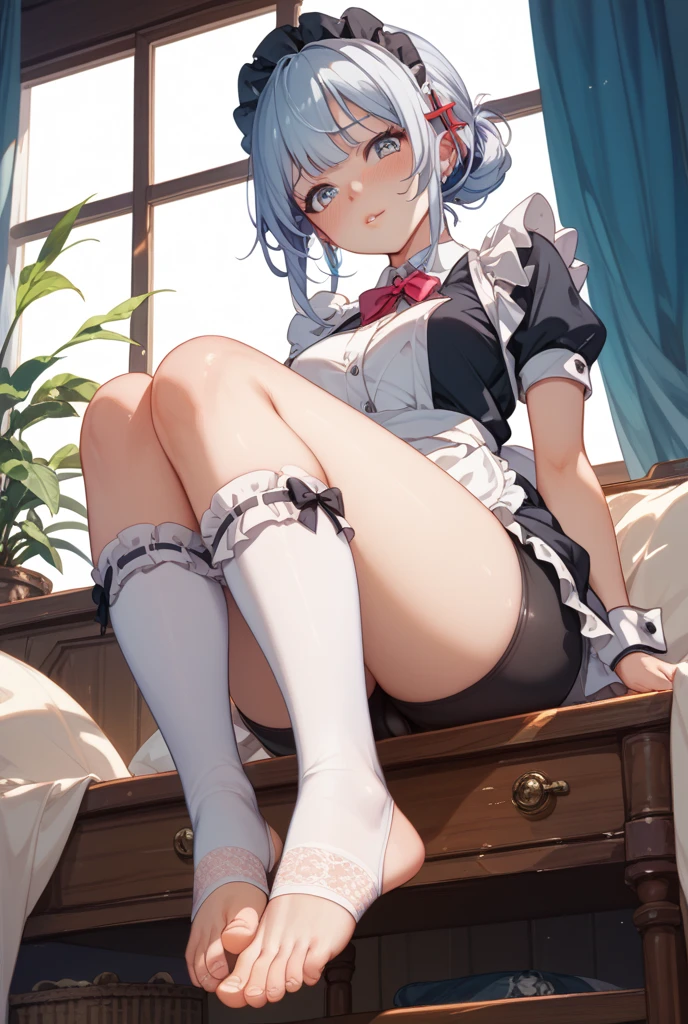 1girl, solo, breasts, looking at viewer, smile, bangs, big breasts, dress, animal ears, medium breasts, sitting, closed mouth, lingerie, green eyes, blue hair, visible panties, sheer panties, purple hair, stocking -short pants, thighs, indoors, legs apart, ((visible pussy)), feet, legs, toes, no shoes, soles, white tights, focus on legs


   1girl, solo, breasts, looking at viewer, blush, smile, short hair, bangs, big breasts, dress, animal ears, cleavage, medium breasts, sitting, closed mouth, underwear, green eyes, blue hair, underwear, hair purple, short sleeves, tights, thighs, indoors, open legs, white panties, apron, feet, legs, wrist cuffs, maid, maid headdress, toes, no shoes, soles, table, plant, foreshortening, white apron, maid apron, panties under pantyhose, white pantyhose, potted plant, focus on foot
