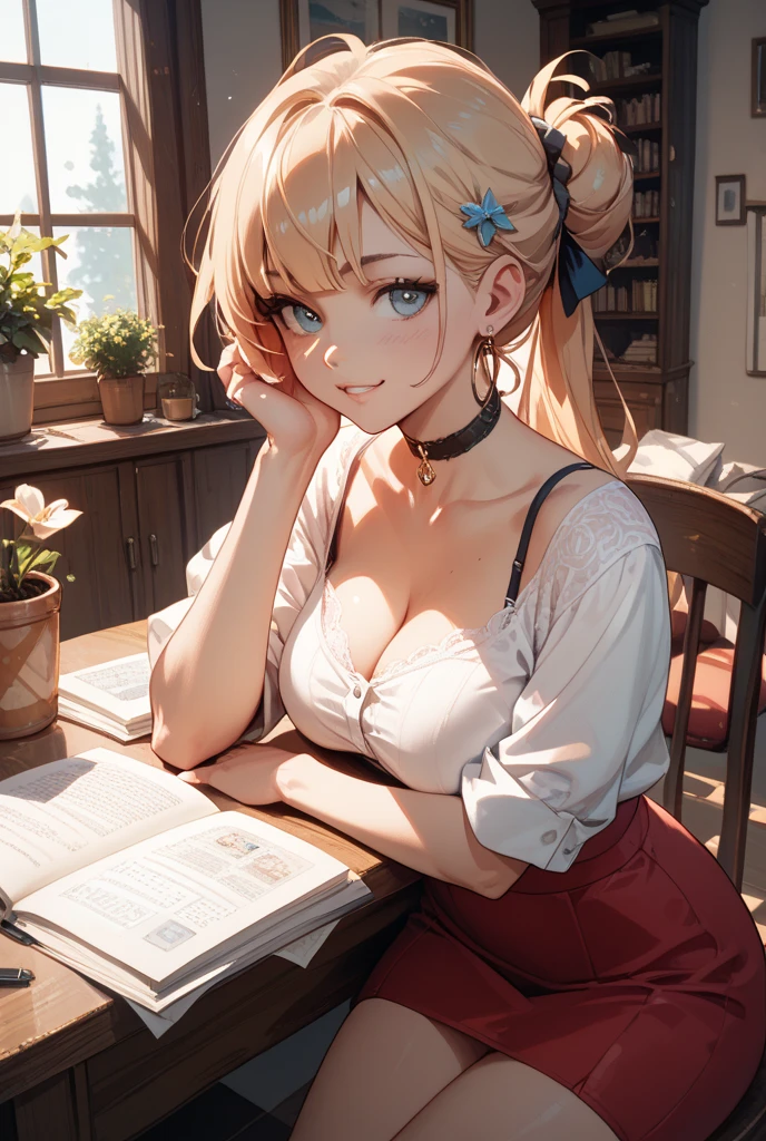 detailed illustration, close up, of a mature chubby woman, pretty face, plump, cleavage, medium hair, gigantic breasts, bra peek, smile, looking at viewer, red eyes, blush, bra, shirt, messy white hair, underwear, white shirt, bangs, hair between eyes, sitting, indoors, couch, window, winter, snow, evening, golden hour, cinematic lighting, hires, volumetric lighting, highly detailed background, lights and shadows, backlit, masterpiece, <lora:add_detail:0.5> <lora:hairdetailer:0.5> <lora:bra_peek:1>