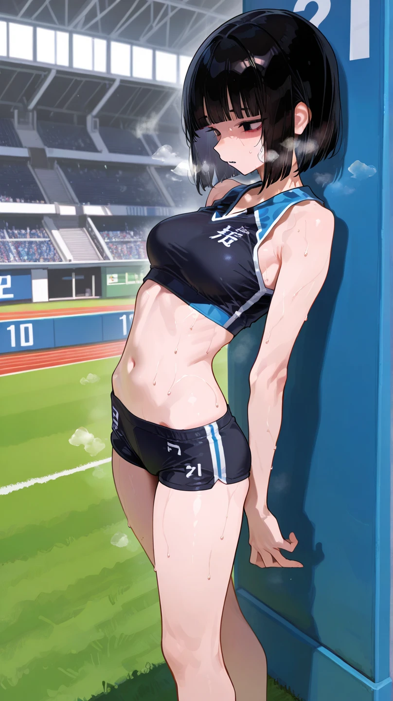 NSFW,Track and field uniform,Belly button,Flat breasts,(((Shyness))),Red face,Watery eye,Shyness,Short Hair