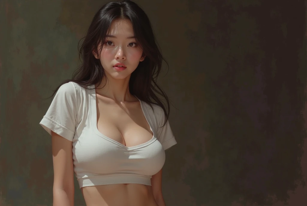 Best quality, masterpiece, super high resolution, super beautiful face, pure body, clear pores visible, original photo, covered in sweat, bare shoulders, deep shadows, low-key, cold light, korean, big , huge pregnant