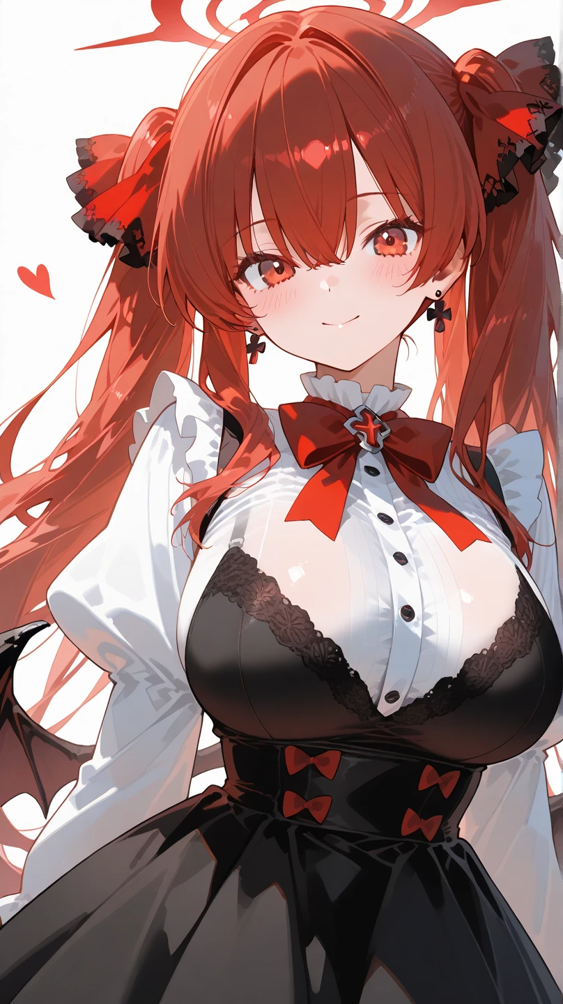 Masterpiece, very detailed, ultra detailed, one, (1 woman), she is in a bright white detailed dress with glowing red details and in an elegant position, super mature, tall, milf style, mature mother, super long hair, bright bloody red hair, super red hair and straight bangs, red demonic horns, beautiful, charming, bright bloody red reptile eyes, reptile eyes, super red eyes, bright eyes, elegant, big breasts (huge, torn), cute face, sweet smile, cutie, bright background, cute setting, against the background of a luxurious bed and heart-shaped pillows.